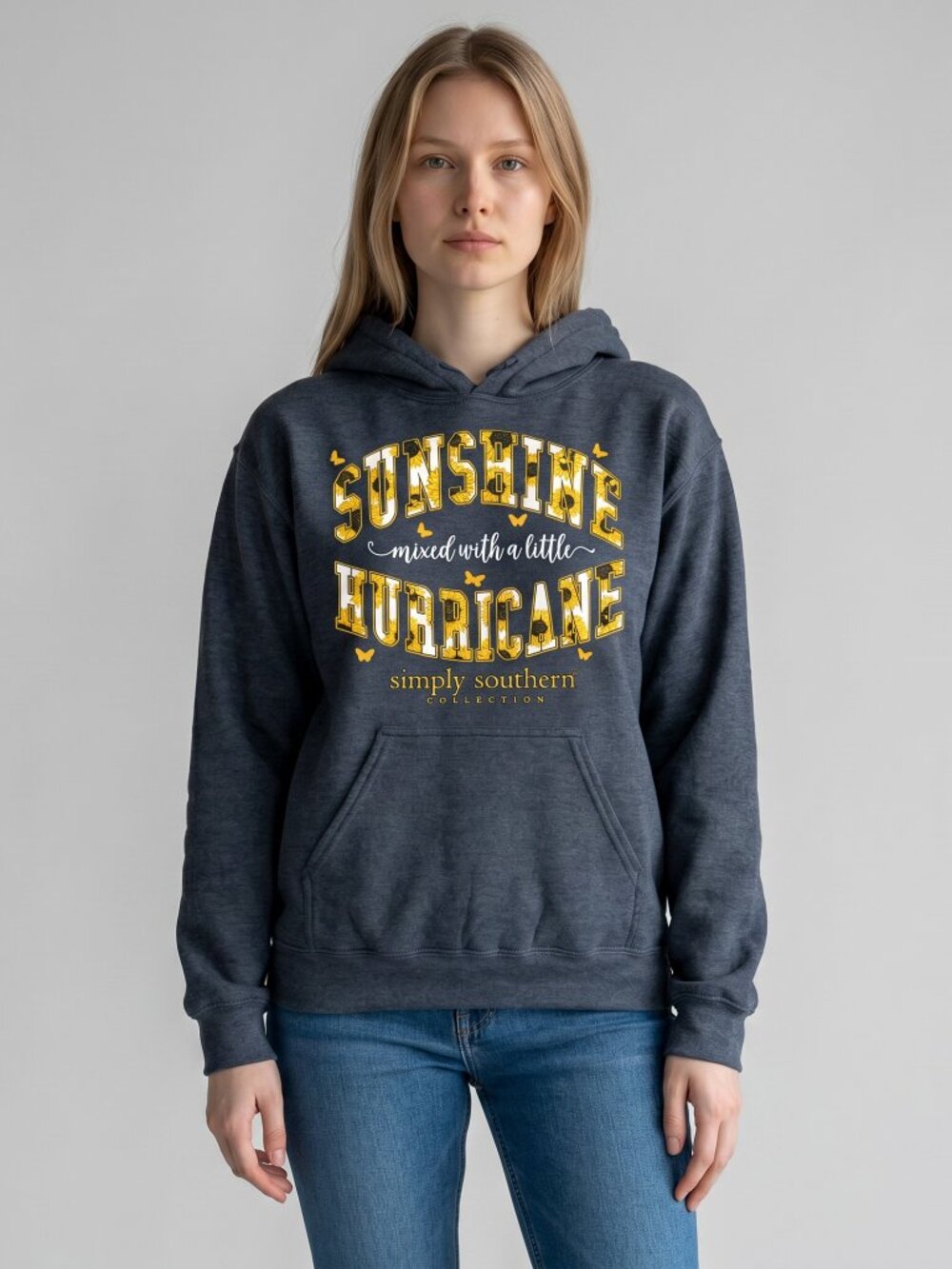 Simply Southern Fleece Hoodie Womens Size S Sunshine Mixed with a lil Hurricane